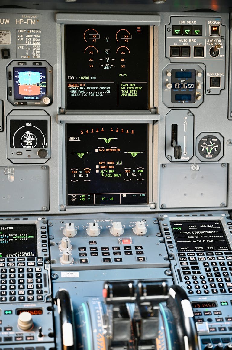 Close-up of a commercial aircraft cockpit control panel with various instruments and displays.