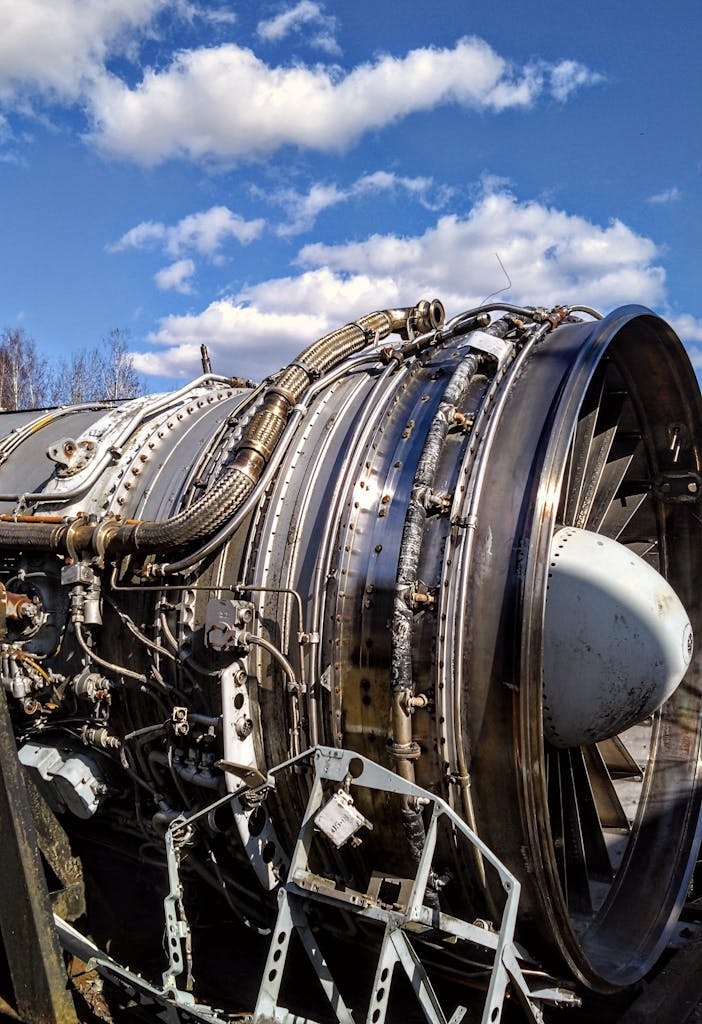 Detailed image of a jet engine against a blue sky with clouds, showcasing engineering components.